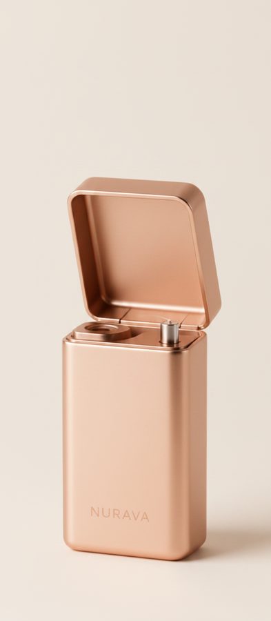 Rose Gold Nurava floss case on a warm off-white background